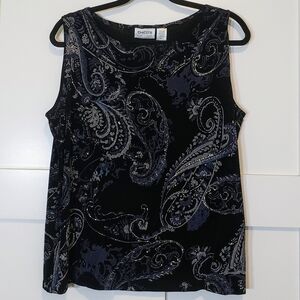 Chico's Travelers Tank Top Black Blue Silver Paisley Print Silver Sparkles Sz Xl